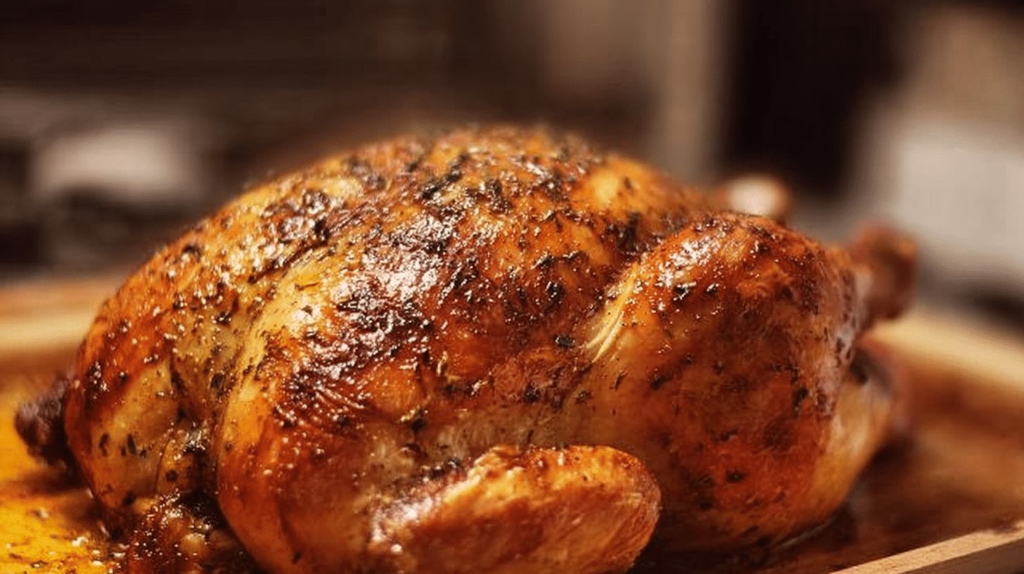 A beautifully roasted whole chicken served with herbs and vegetables