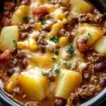Slow Cooker Cowboy Casserole with beef, beans, and cheese in a bowl