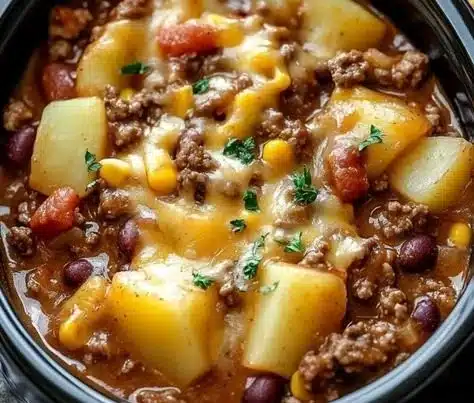 Slow Cooker Cowboy Casserole with beef, beans, and cheese in a bowl