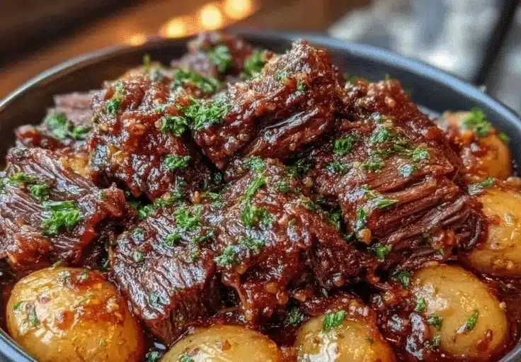 Slow Cooker Garlic Butter Beef with Potatoes dish served in a bowl