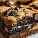 Deliciously layered slutty brownies with cookie dough, Oreos, and chocolate brownie batter.
