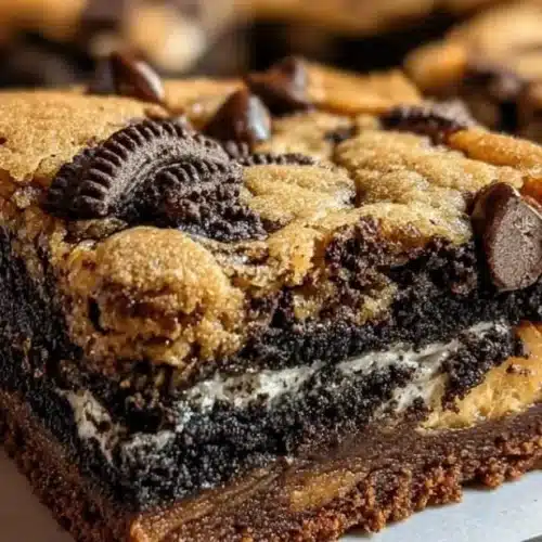 Deliciously layered slutty brownies with cookie dough, Oreos, and chocolate brownie batter.