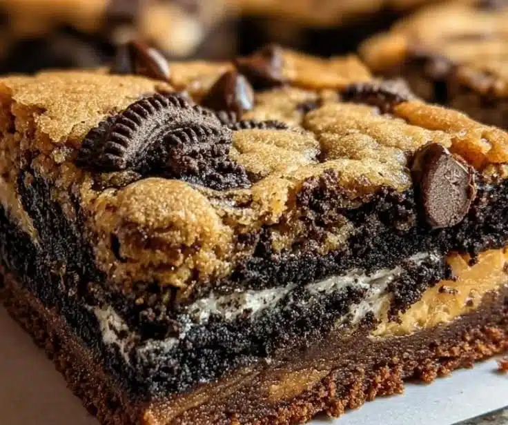Deliciously layered slutty brownies with cookie dough, Oreos, and chocolate brownie batter.
