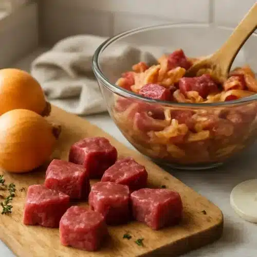 Delicious Steak and Onion Pie served on a rustic wooden table