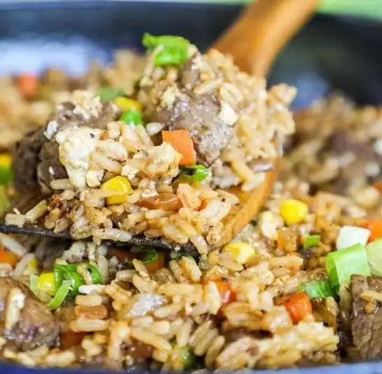 Delicious Steak Fried Rice with tender beef and colorful vegetables