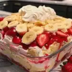 Delicious strawberry banana pudding layered with fresh strawberries and bananas