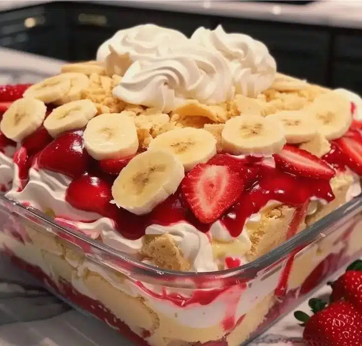 Delicious strawberry banana pudding layered with fresh strawberries and bananas