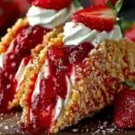 Strawberry Crunch Cheesecake Tacos topped with fresh strawberries and crunchy bits.