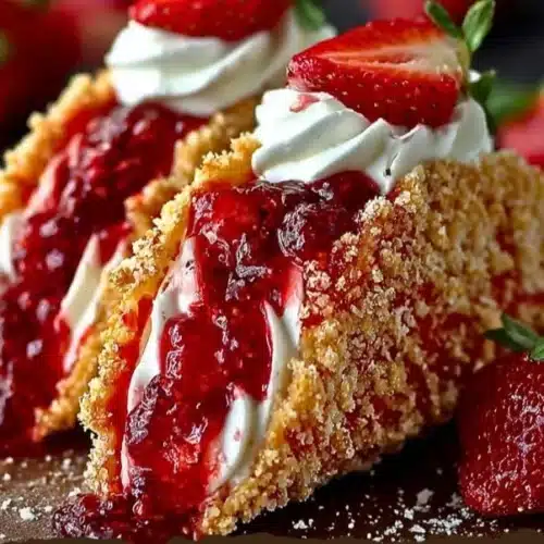 Strawberry Crunch Cheesecake Tacos topped with fresh strawberries and crunchy bits.