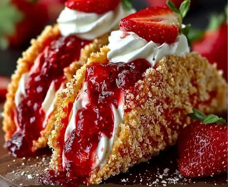 Strawberry Crunch Cheesecake Tacos topped with fresh strawberries and crunchy bits.