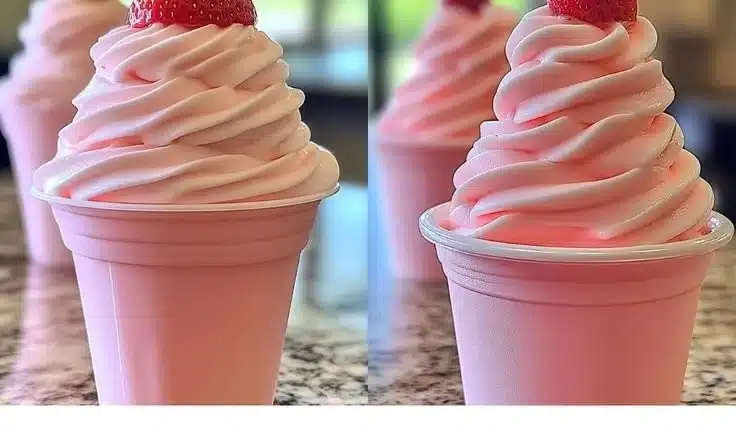 Strawberry Dole Whip served in a bowl with fresh strawberries