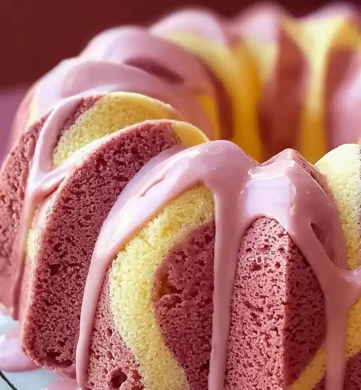 Slice of strawberry milkshake pound cake with strawberries and whipped cream