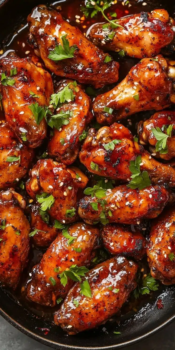 Delicious sweet and spicy chicken wings served on a plate.