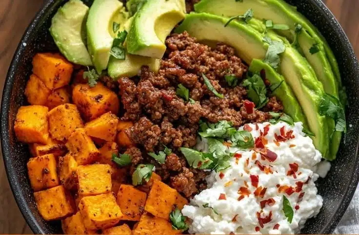 Delicious sweet potato taco bowl topped with fresh ingredients
