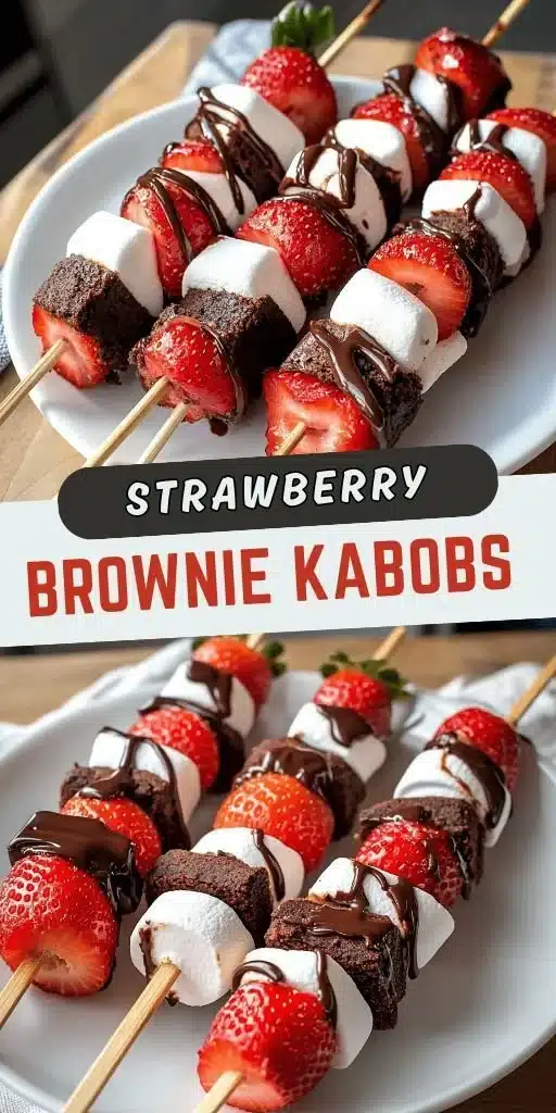 Sweet strawberry brownie kabobs on skewers for party desserts
