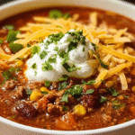 Delicious Taco Soup served in a bowl with toppings.