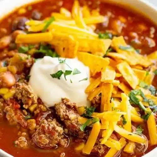 Delicious Taco Soup served in a bowl with toppings.
