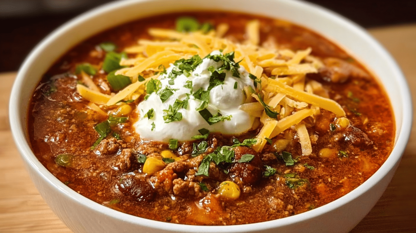 Delicious Taco Soup served in a bowl with toppings.