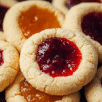 Delicious homemade thumbprint cookies with jam filling on a baking tray