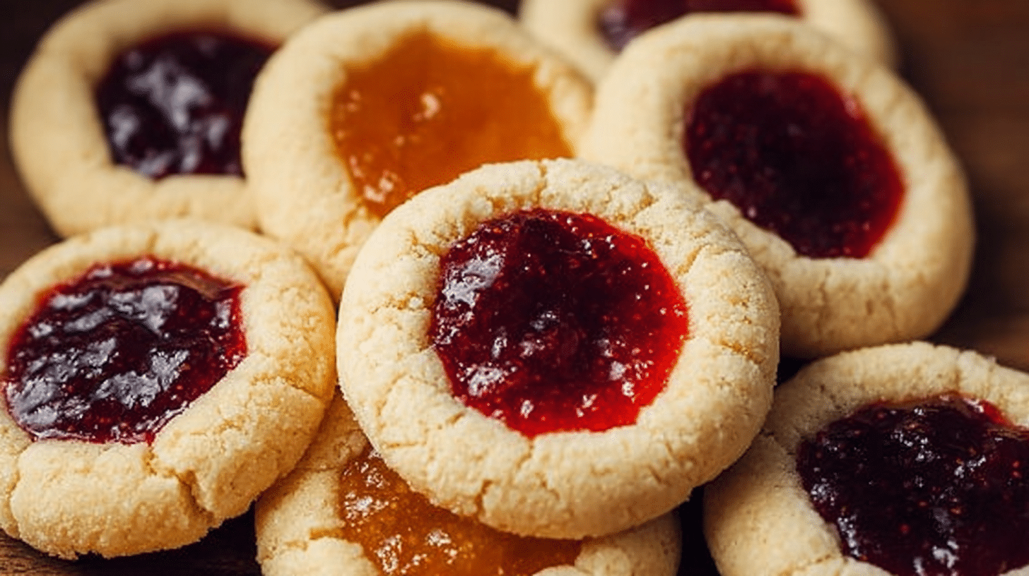 Delicious homemade thumbprint cookies with jam filling on a baking tray