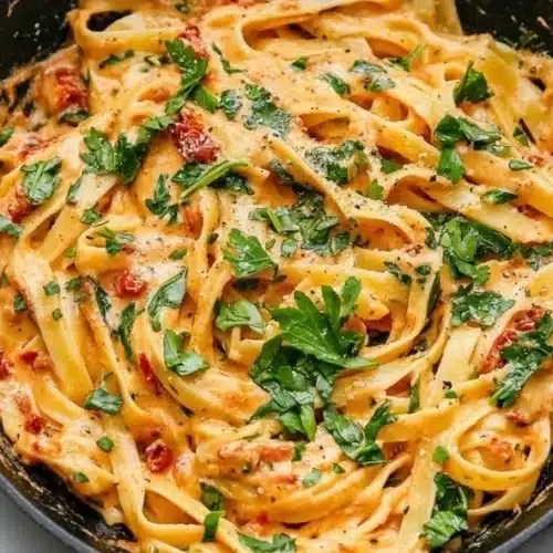 Vegan creamy sun dried tomato pasta garnished with fresh basil and served in a bowl