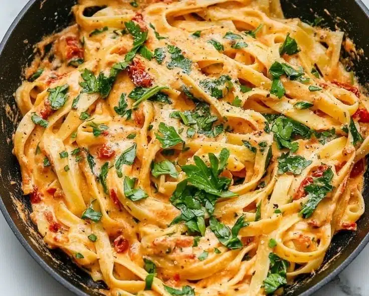 Vegan creamy sun dried tomato pasta garnished with fresh basil and served in a bowl