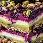 Delicious Blackberry Pistachio Dream Bars with blackberries and pistachios.