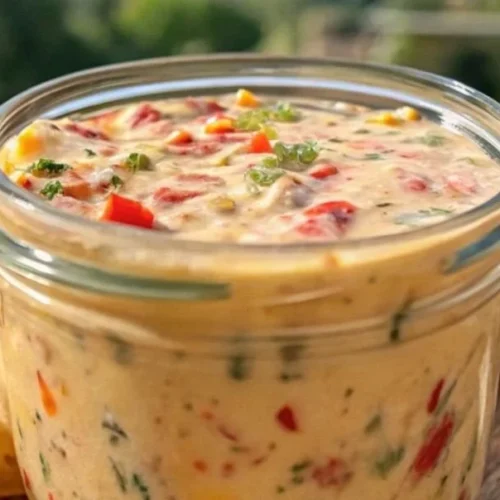 Delicious boat dip served in a bowl with fresh ingredients around it.