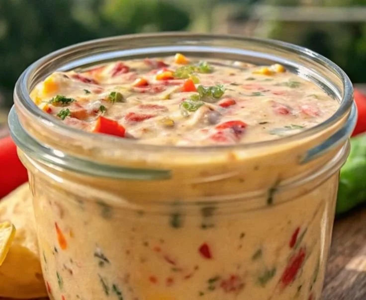 Delicious boat dip served in a bowl with fresh ingredients around it.