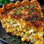 Delicious Cheddar Sweet Corn Pie served on a rustic table