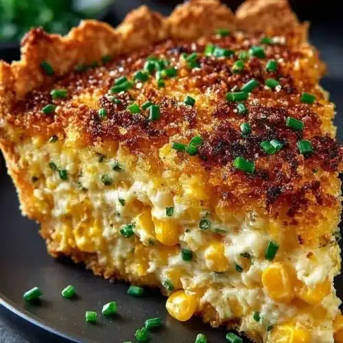Delicious Cheddar Sweet Corn Pie served on a rustic table