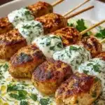 Delicious Chicken Kofta served with garlic yogurt sauce on a plate.