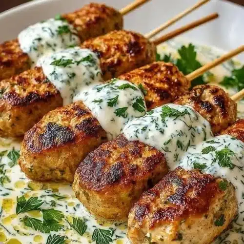 Delicious Chicken Kofta served with garlic yogurt sauce on a plate.