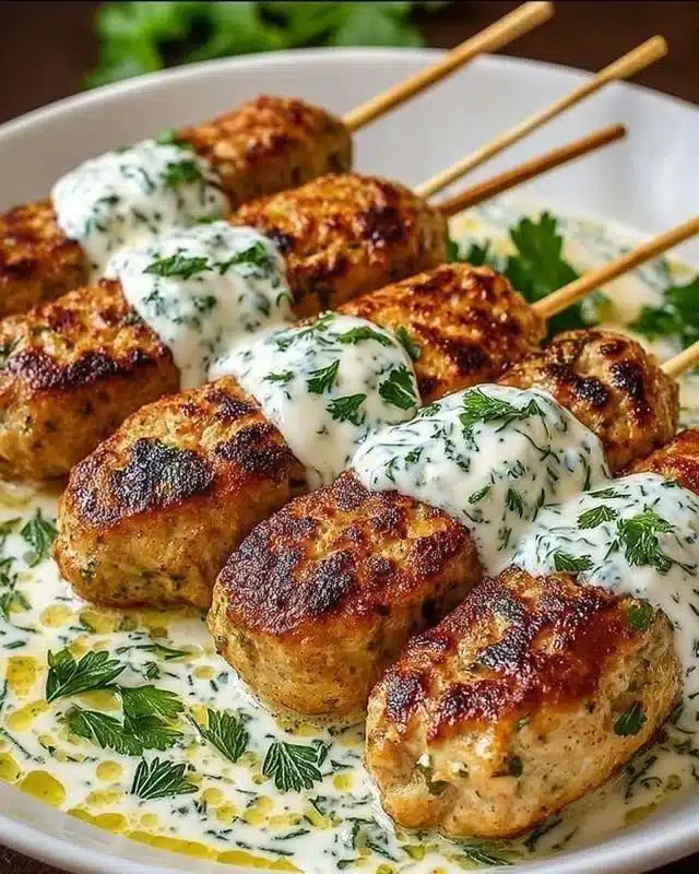Delicious Chicken Kofta served with garlic yogurt sauce on a plate.