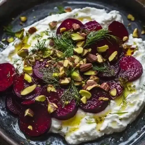 Creamy whipped feta topped with marinated beets and crunchy pistachios
