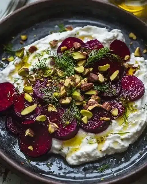 Creamy whipped feta topped with marinated beets and crunchy pistachios