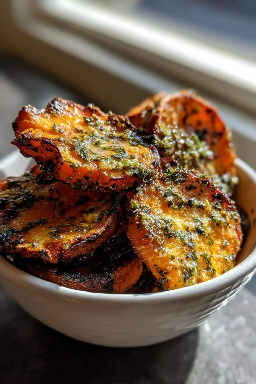 Crispy baked sweet potato bites topped with Parmesan herb butter.