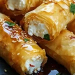 Crispy feta rolls served on a wooden platter with dipping sauce.