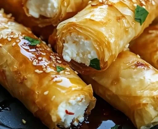 Crispy feta rolls served on a wooden platter with dipping sauce.