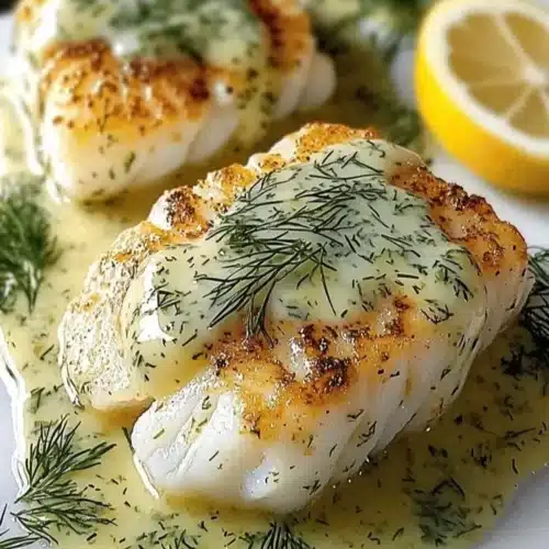 Delicious baked cod fillet with lemon dill sauce on a plate