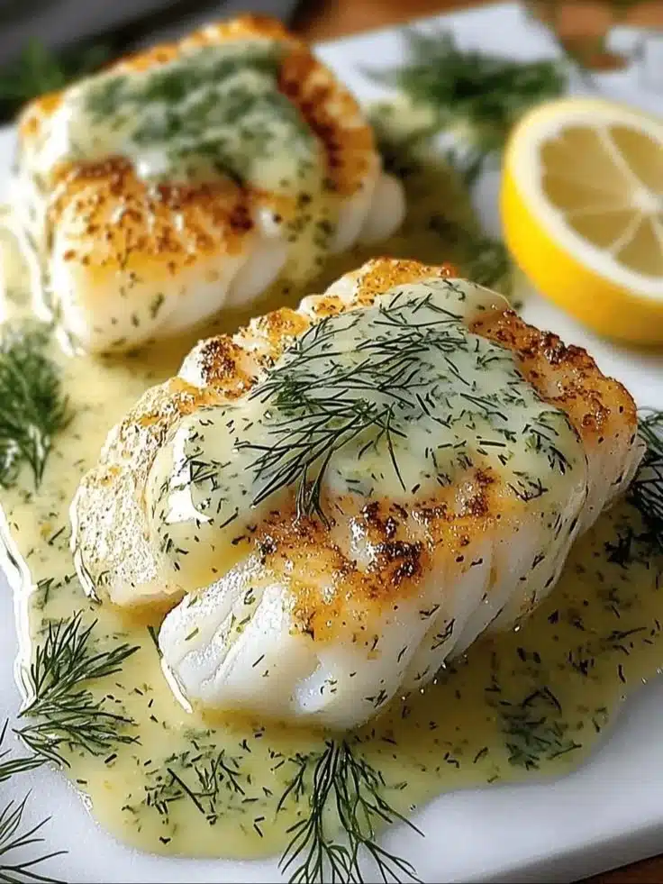 Delicious baked cod fillet with lemon dill sauce on a plate