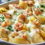 Plate of creamy seafood stuffed shells garnished with parsley