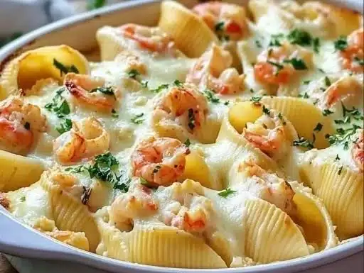 Plate of creamy seafood stuffed shells garnished with parsley