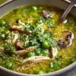 Bowl of green chicken quinoa soup with mushrooms and fresh herb paste