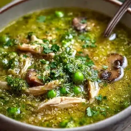 Bowl of green chicken quinoa soup with mushrooms and fresh herb paste