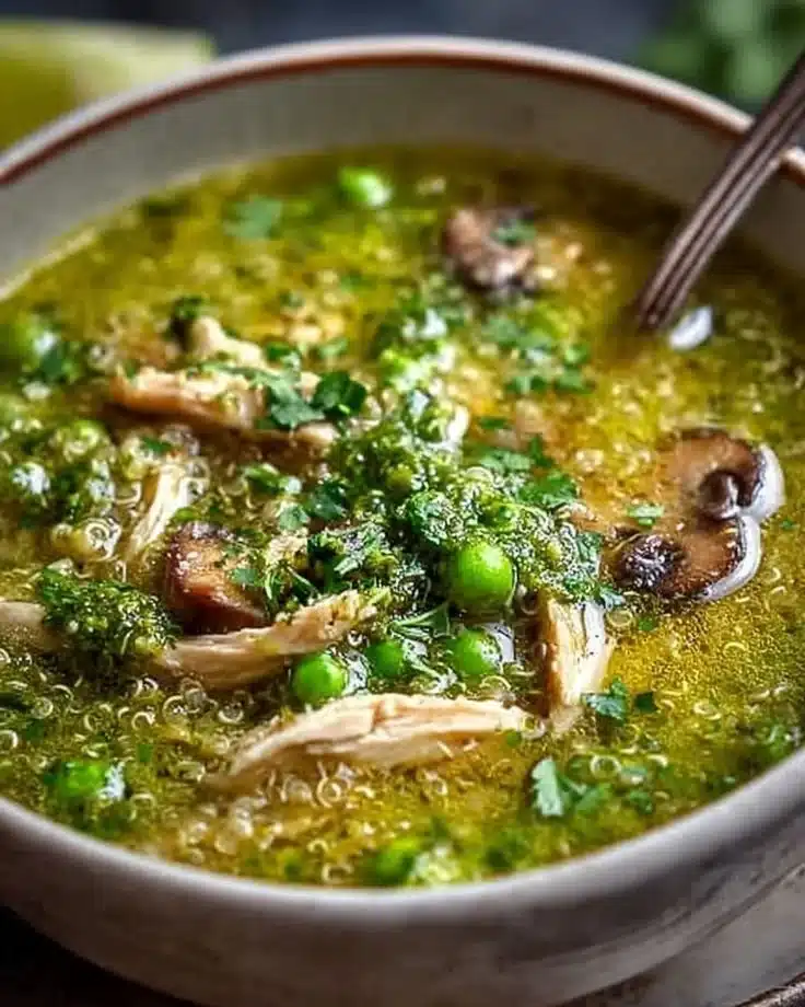 Bowl of green chicken quinoa soup with mushrooms and fresh herb paste