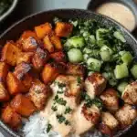 A vibrant grilled chicken salad with fresh vegetables and dressing