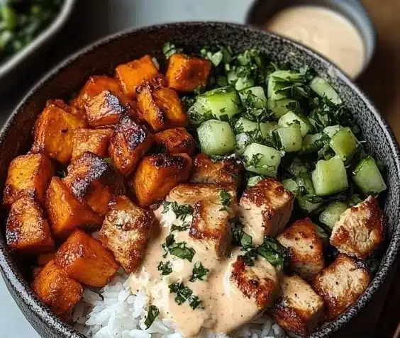 A vibrant grilled chicken salad with fresh vegetables and dressing