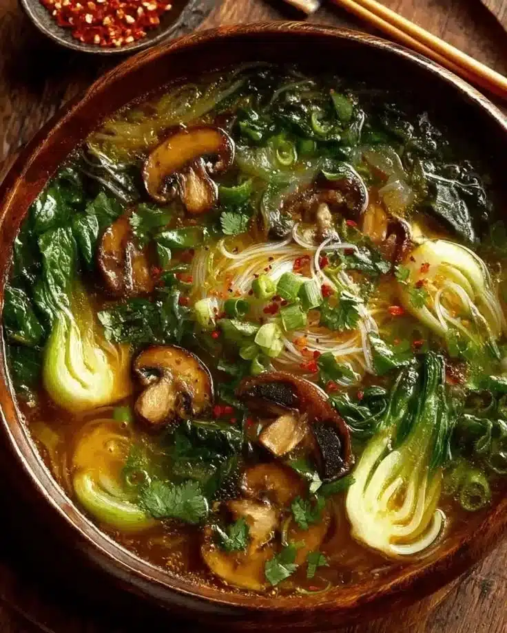 Bowl of healing ginger garlic broth with rice noodles garnished with fresh herbs.