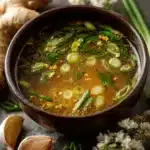 Bowl of healing miso-ginger lemon detox broth with fresh ingredients.
